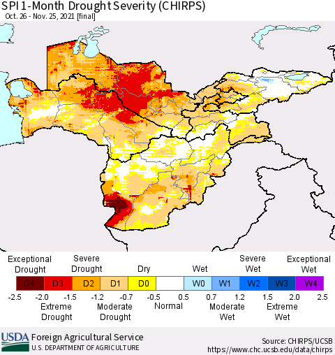 Central Asia SPI 1-Month Drought Severity (CHIRPS) Thematic Map For 10/26/2021 - 11/25/2021