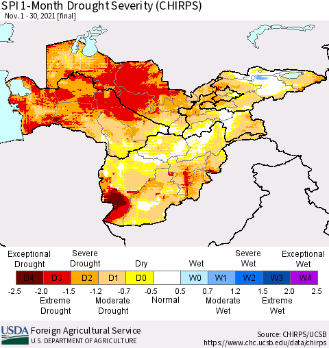 Central Asia SPI 1-Month Drought Severity (CHIRPS) Thematic Map For 11/1/2021 - 11/30/2021