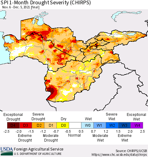 Central Asia SPI 1-Month Drought Severity (CHIRPS) Thematic Map For 11/6/2021 - 12/5/2021