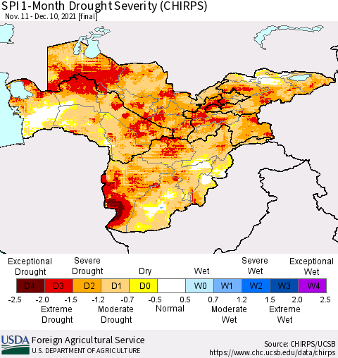 Central Asia SPI 1-Month Drought Severity (CHIRPS) Thematic Map For 11/11/2021 - 12/10/2021