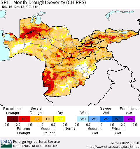 Central Asia SPI 1-Month Drought Severity (CHIRPS) Thematic Map For 11/16/2021 - 12/15/2021