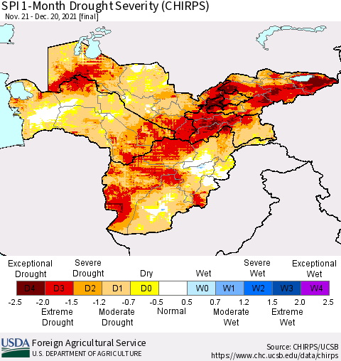 Central Asia SPI 1-Month Drought Severity (CHIRPS) Thematic Map For 11/21/2021 - 12/20/2021