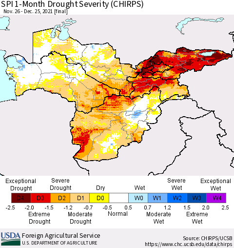 Central Asia SPI 1-Month Drought Severity (CHIRPS) Thematic Map For 11/26/2021 - 12/25/2021