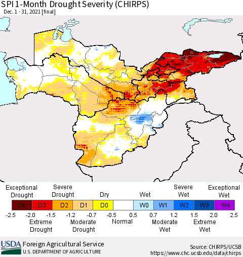 Central Asia SPI 1-Month Drought Severity (CHIRPS) Thematic Map For 12/1/2021 - 12/31/2021