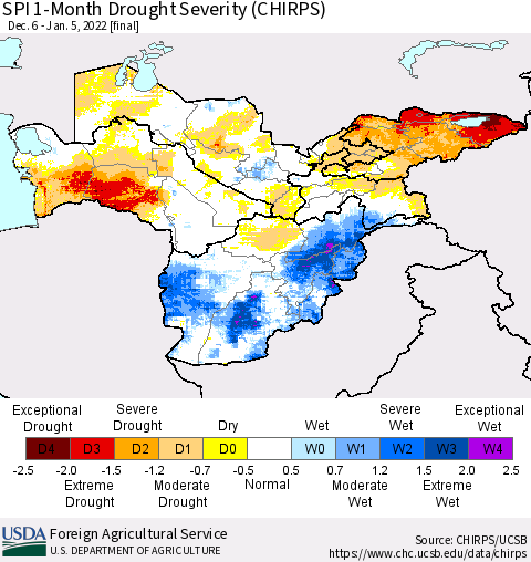 Central Asia SPI 1-Month Drought Severity (CHIRPS) Thematic Map For 12/6/2021 - 1/5/2022