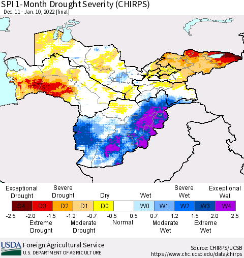 Central Asia SPI 1-Month Drought Severity (CHIRPS) Thematic Map For 12/11/2021 - 1/10/2022