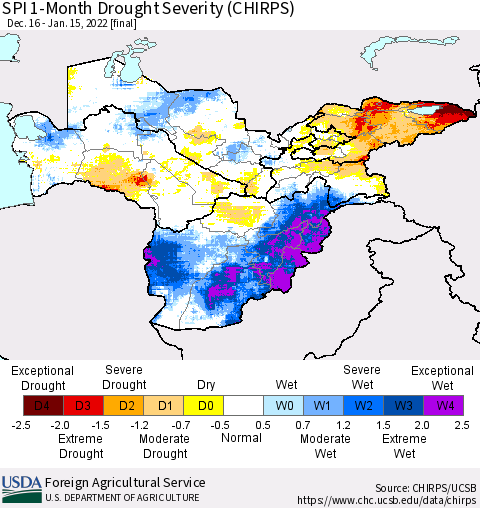 Central Asia SPI 1-Month Drought Severity (CHIRPS) Thematic Map For 12/16/2021 - 1/15/2022