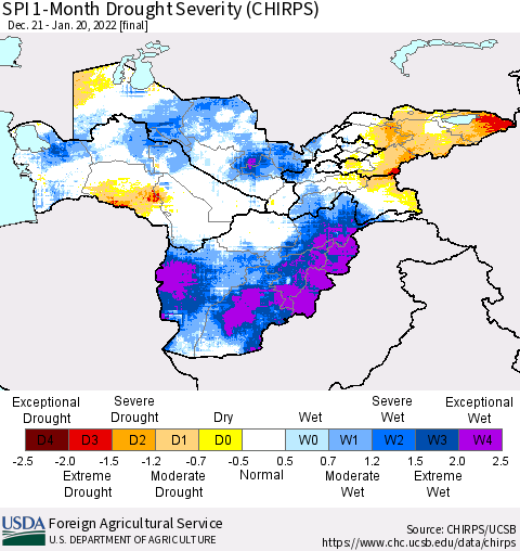 Central Asia SPI 1-Month Drought Severity (CHIRPS) Thematic Map For 12/21/2021 - 1/20/2022