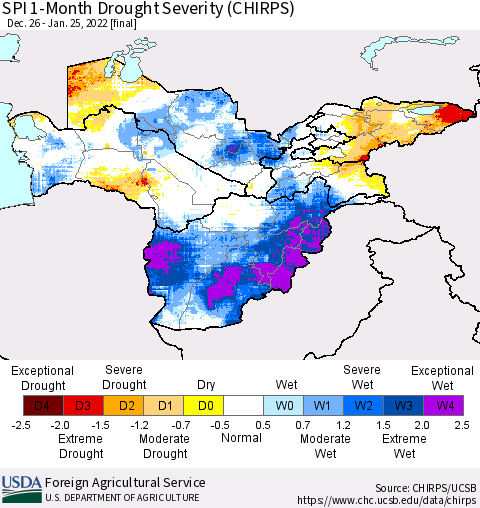 Central Asia SPI 1-Month Drought Severity (CHIRPS) Thematic Map For 12/26/2021 - 1/25/2022