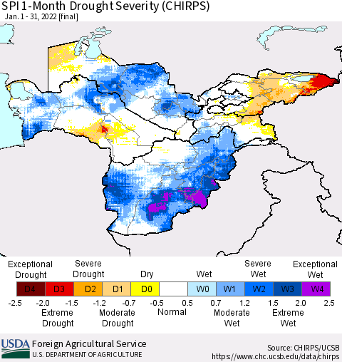 Central Asia SPI 1-Month Drought Severity (CHIRPS) Thematic Map For 1/1/2022 - 1/31/2022