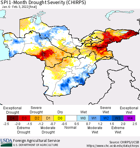 Central Asia SPI 1-Month Drought Severity (CHIRPS) Thematic Map For 1/6/2022 - 2/5/2022