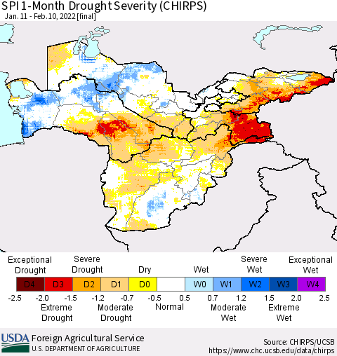 Central Asia SPI 1-Month Drought Severity (CHIRPS) Thematic Map For 1/11/2022 - 2/10/2022