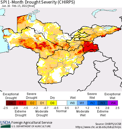 Central Asia SPI 1-Month Drought Severity (CHIRPS) Thematic Map For 1/16/2022 - 2/15/2022