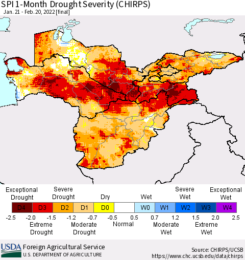 Central Asia SPI 1-Month Drought Severity (CHIRPS) Thematic Map For 1/21/2022 - 2/20/2022