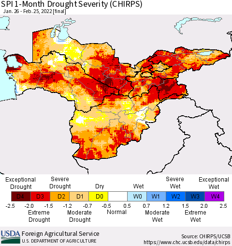 Central Asia SPI 1-Month Drought Severity (CHIRPS) Thematic Map For 1/26/2022 - 2/25/2022
