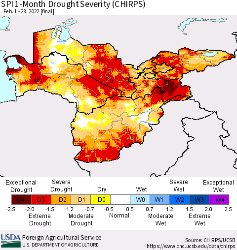 Central Asia SPI 1-Month Drought Severity (CHIRPS) Thematic Map For 2/1/2022 - 2/28/2022