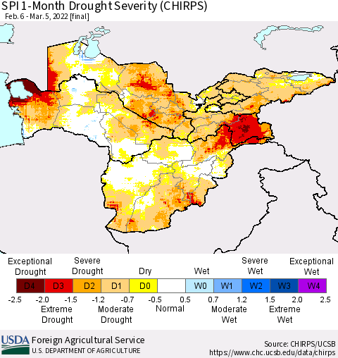 Central Asia SPI 1-Month Drought Severity (CHIRPS) Thematic Map For 2/6/2022 - 3/5/2022