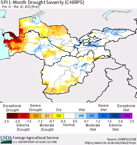 Central Asia SPI 1-Month Drought Severity (CHIRPS) Thematic Map For 2/11/2022 - 3/10/2022