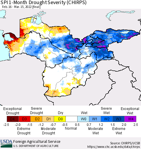 Central Asia SPI 1-Month Drought Severity (CHIRPS) Thematic Map For 2/16/2022 - 3/15/2022