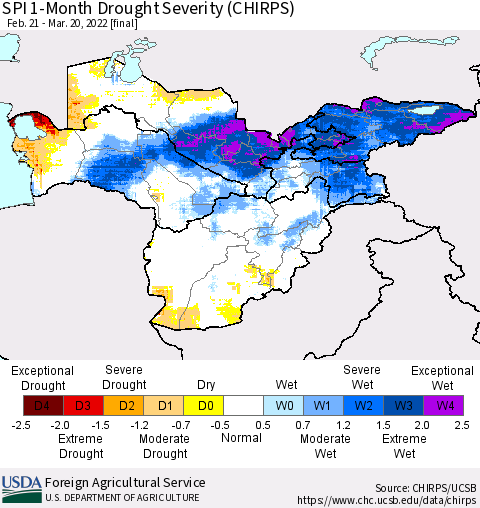 Central Asia SPI 1-Month Drought Severity (CHIRPS) Thematic Map For 2/21/2022 - 3/20/2022