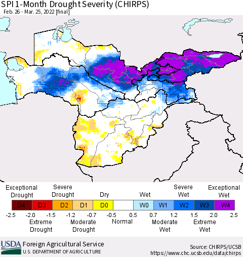 Central Asia SPI 1-Month Drought Severity (CHIRPS) Thematic Map For 2/26/2022 - 3/25/2022