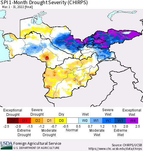 Central Asia SPI 1-Month Drought Severity (CHIRPS) Thematic Map For 3/1/2022 - 3/31/2022
