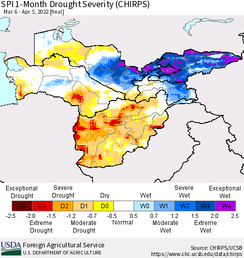 Central Asia SPI 1-Month Drought Severity (CHIRPS) Thematic Map For 3/6/2022 - 4/5/2022