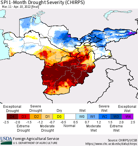Central Asia SPI 1-Month Drought Severity (CHIRPS) Thematic Map For 3/11/2022 - 4/10/2022