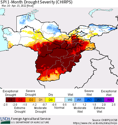 Central Asia SPI 1-Month Drought Severity (CHIRPS) Thematic Map For 3/16/2022 - 4/15/2022