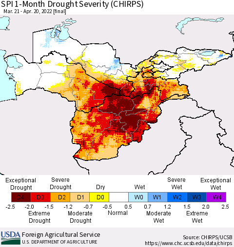 Central Asia SPI 1-Month Drought Severity (CHIRPS) Thematic Map For 3/21/2022 - 4/20/2022