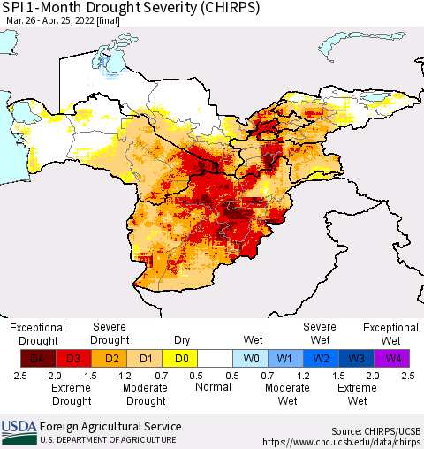 Central Asia SPI 1-Month Drought Severity (CHIRPS) Thematic Map For 3/26/2022 - 4/25/2022