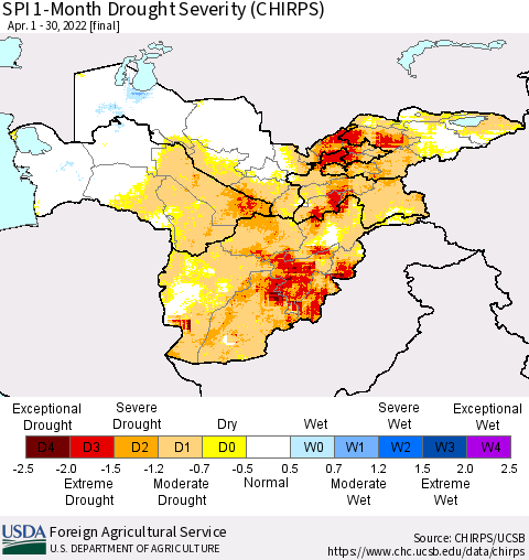 Central Asia SPI 1-Month Drought Severity (CHIRPS) Thematic Map For 4/1/2022 - 4/30/2022