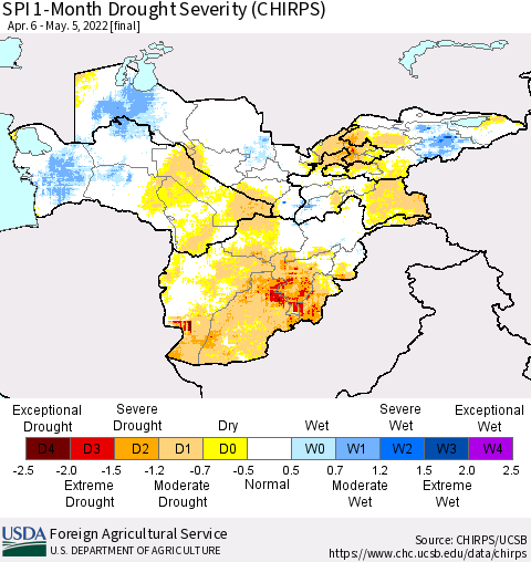 Central Asia SPI 1-Month Drought Severity (CHIRPS) Thematic Map For 4/6/2022 - 5/5/2022