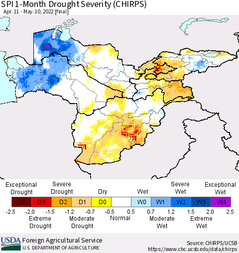 Central Asia SPI 1-Month Drought Severity (CHIRPS) Thematic Map For 4/11/2022 - 5/10/2022