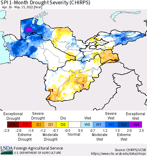 Central Asia SPI 1-Month Drought Severity (CHIRPS) Thematic Map For 4/16/2022 - 5/15/2022