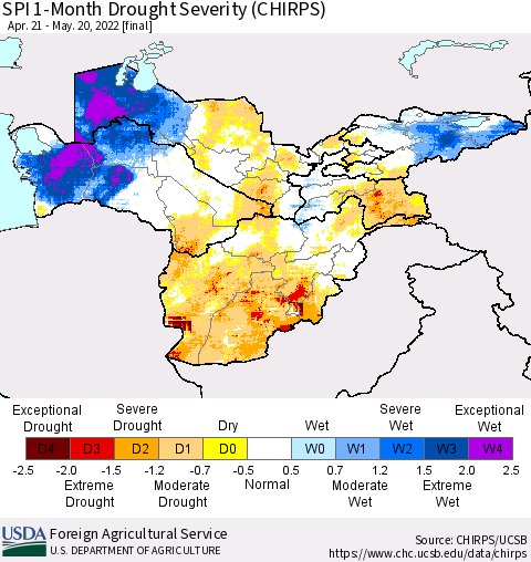 Central Asia SPI 1-Month Drought Severity (CHIRPS) Thematic Map For 4/21/2022 - 5/20/2022