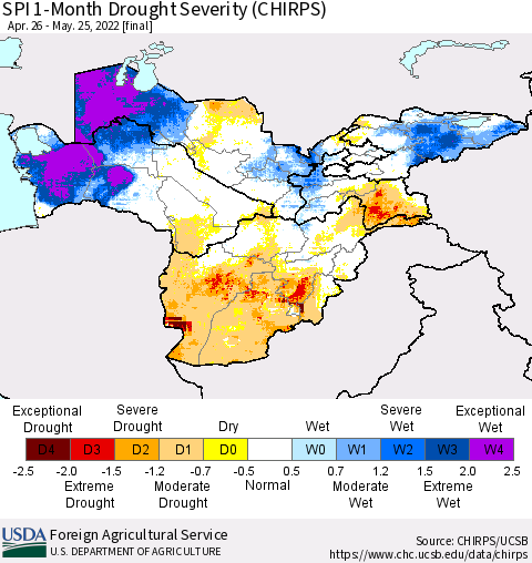 Central Asia SPI 1-Month Drought Severity (CHIRPS) Thematic Map For 4/26/2022 - 5/25/2022