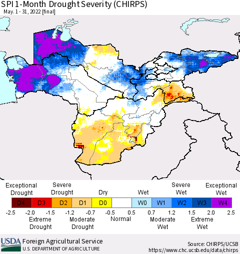Central Asia SPI 1-Month Drought Severity (CHIRPS) Thematic Map For 5/1/2022 - 5/31/2022