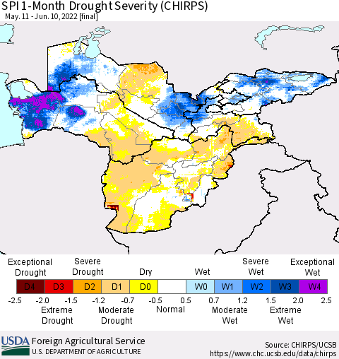 Central Asia SPI 1-Month Drought Severity (CHIRPS) Thematic Map For 5/11/2022 - 6/10/2022