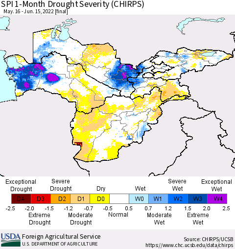 Central Asia SPI 1-Month Drought Severity (CHIRPS) Thematic Map For 5/16/2022 - 6/15/2022