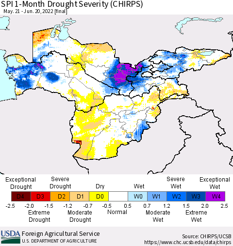 Central Asia SPI 1-Month Drought Severity (CHIRPS) Thematic Map For 5/21/2022 - 6/20/2022