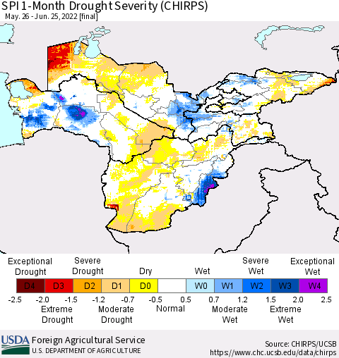 Central Asia SPI 1-Month Drought Severity (CHIRPS) Thematic Map For 5/26/2022 - 6/25/2022