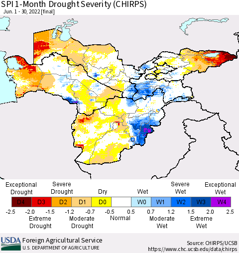 Central Asia SPI 1-Month Drought Severity (CHIRPS) Thematic Map For 6/1/2022 - 6/30/2022