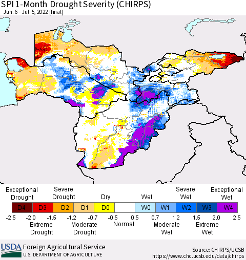 Central Asia SPI 1-Month Drought Severity (CHIRPS) Thematic Map For 6/6/2022 - 7/5/2022