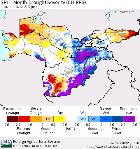 Central Asia SPI 1-Month Drought Severity (CHIRPS) Thematic Map For 6/11/2022 - 7/10/2022