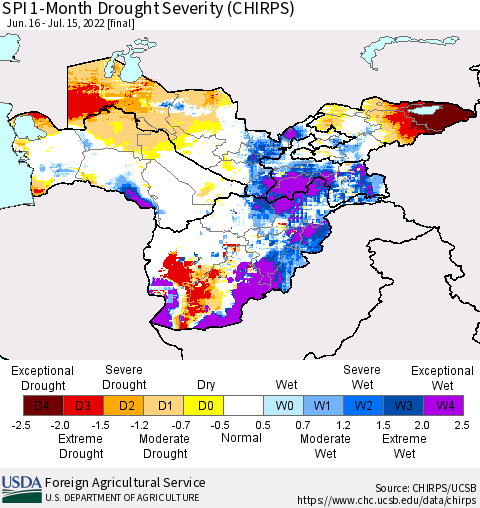 Central Asia SPI 1-Month Drought Severity (CHIRPS) Thematic Map For 6/16/2022 - 7/15/2022