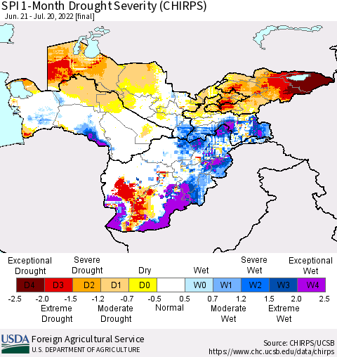 Central Asia SPI 1-Month Drought Severity (CHIRPS) Thematic Map For 6/21/2022 - 7/20/2022