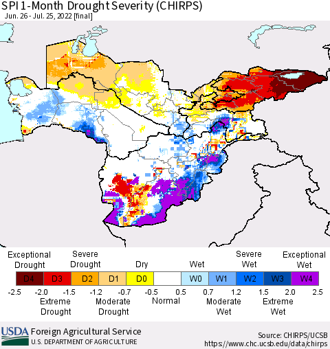 Central Asia SPI 1-Month Drought Severity (CHIRPS) Thematic Map For 6/26/2022 - 7/25/2022