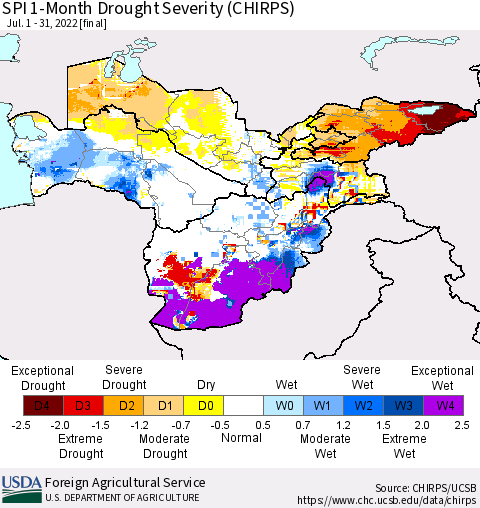 Central Asia SPI 1-Month Drought Severity (CHIRPS) Thematic Map For 7/1/2022 - 7/31/2022