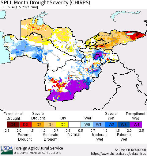 Central Asia SPI 1-Month Drought Severity (CHIRPS) Thematic Map For 7/6/2022 - 8/5/2022